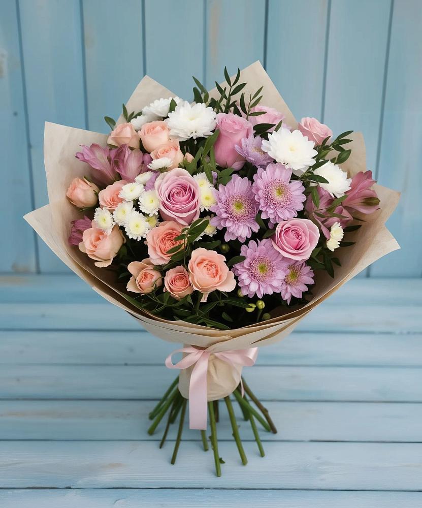 Букет цветов из: Хризантемы, Розы и Альстромерии в Дмитриевской