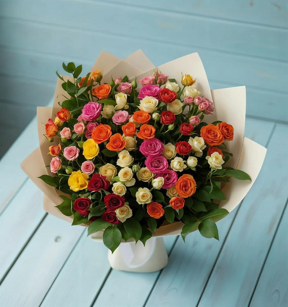 Букет Микс из разноцветных кустовых роз в Дмитриевской