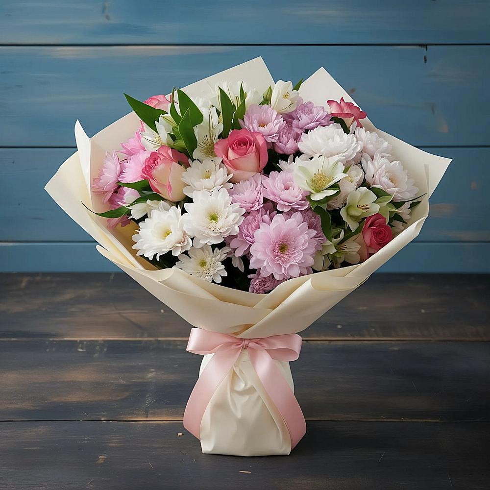 Букет цветов из: Хризантемы, Альстромерии и Розы в Дмитриевской